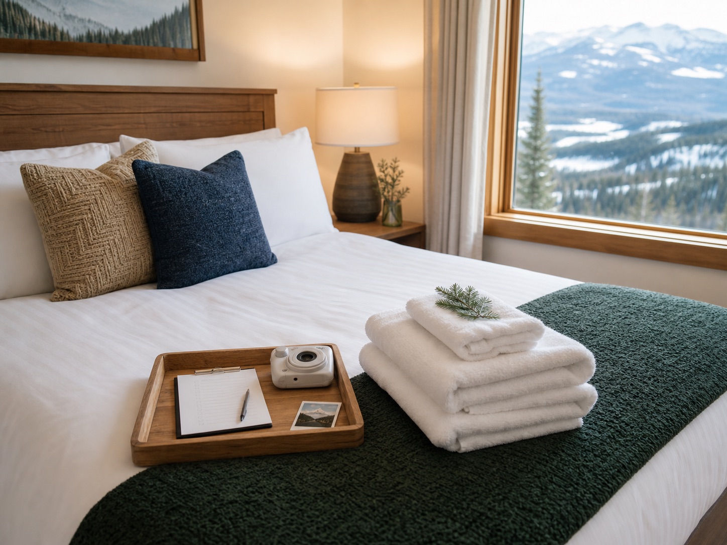 Freshly made mountain-rental bed with folded towels