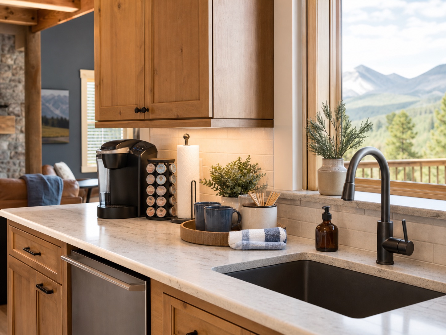 Spotless vacation-rental kitchen with an organized coffee station and fresh towels